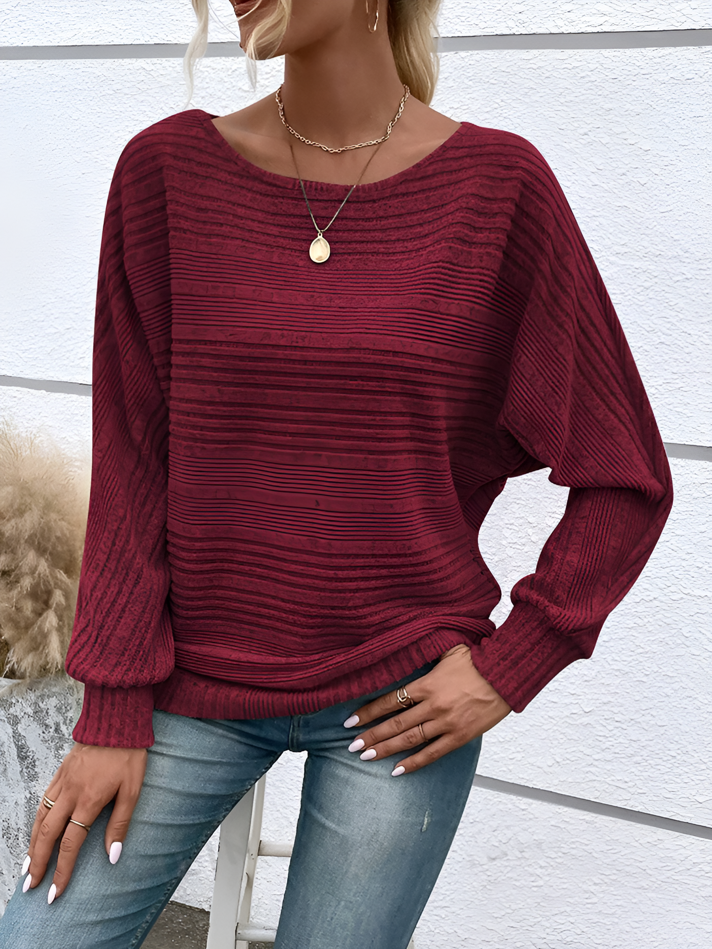 Round Neck Batwing Sleeve Solid Color Blouse