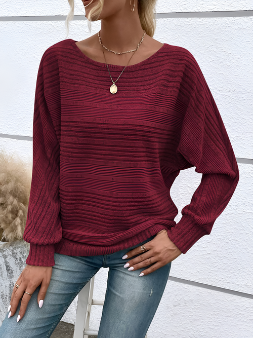 Round Neck Batwing Sleeve Solid Color Blouse
