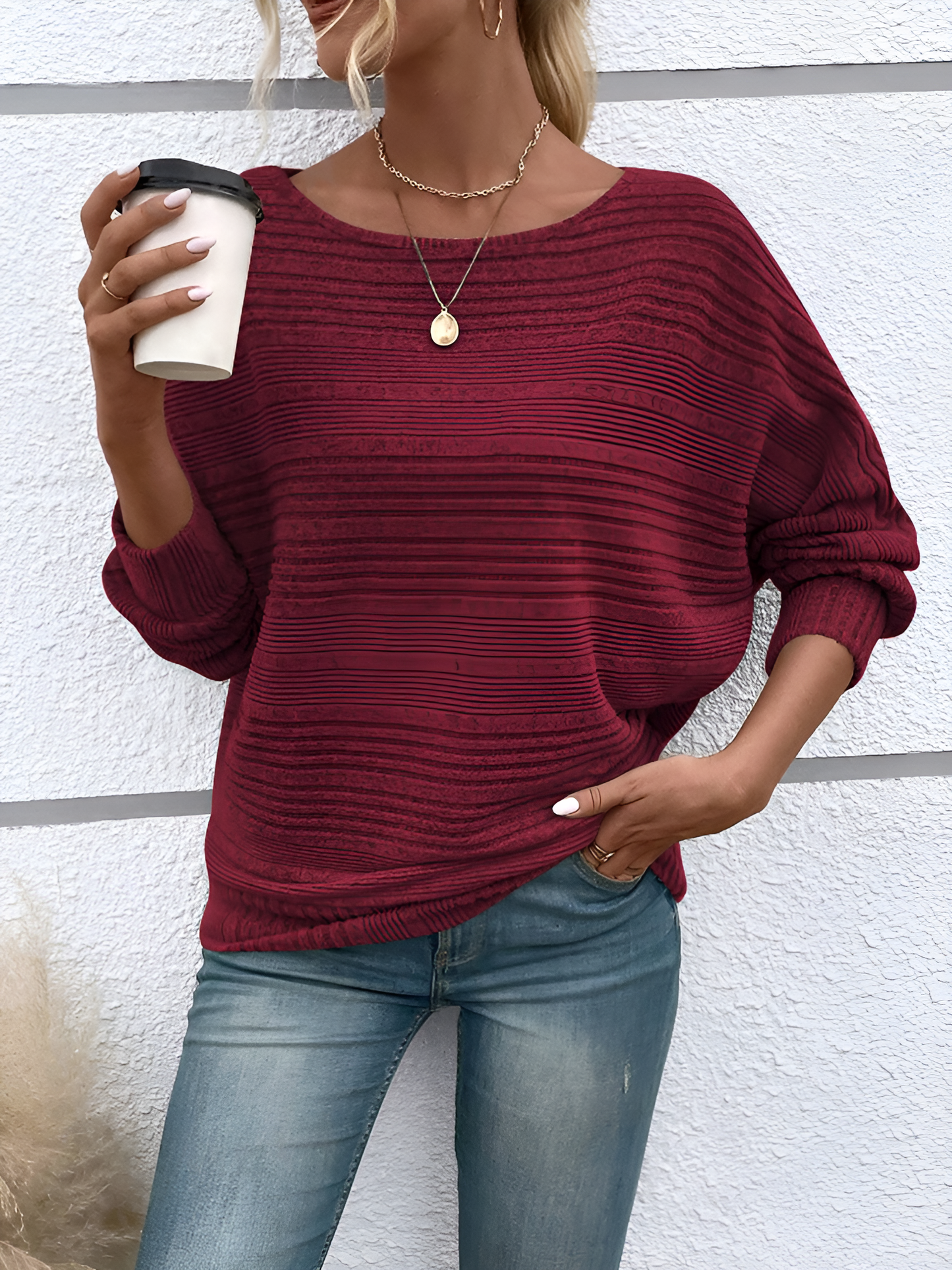 Round Neck Batwing Sleeve Solid Color Blouse