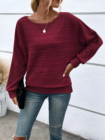 Round Neck Batwing Sleeve Solid Color Blouse