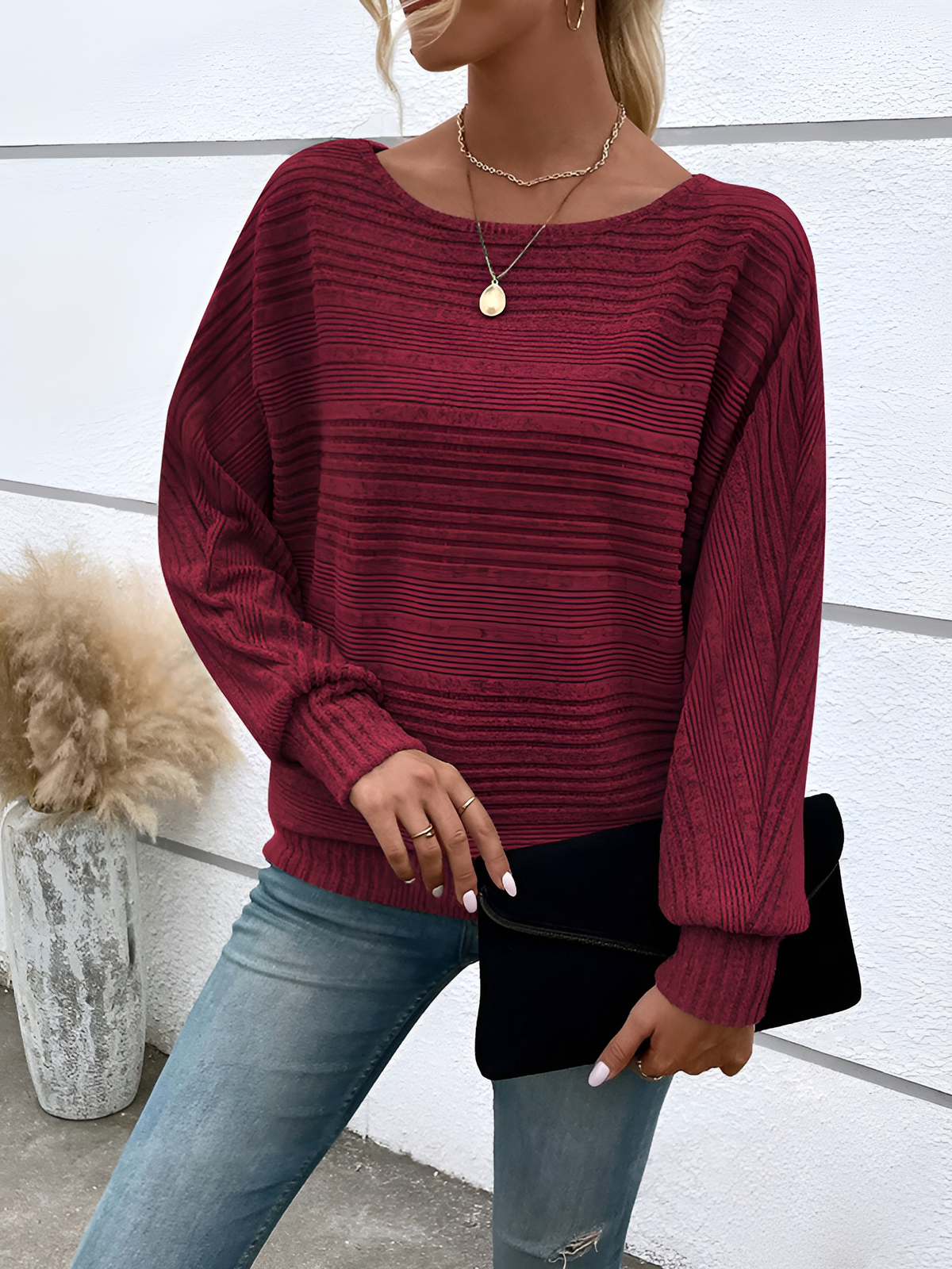 Round Neck Batwing Sleeve Solid Color Blouse
