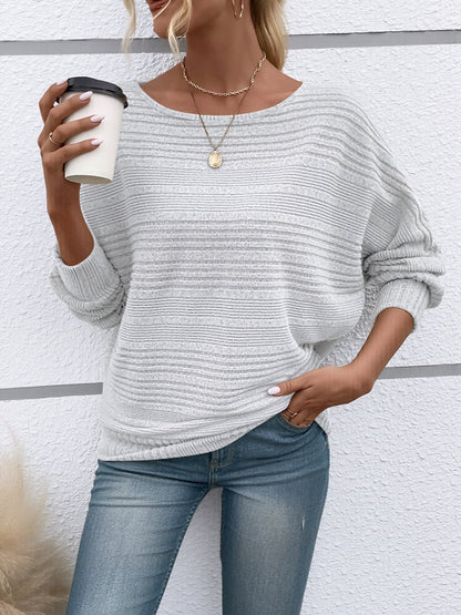 Round Neck Batwing Sleeve Solid Color Blouse