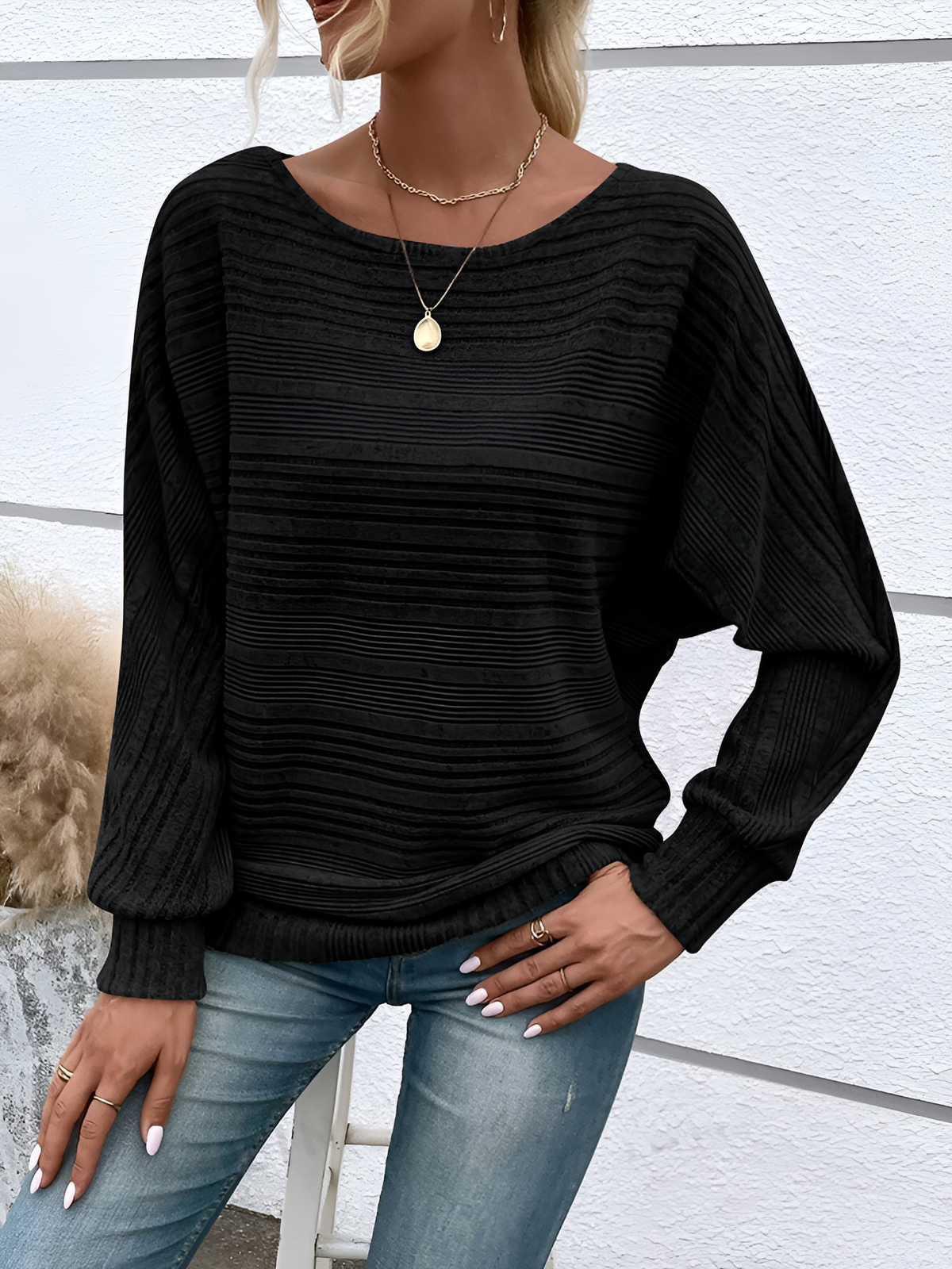Round Neck Batwing Sleeve Solid Color Blouse