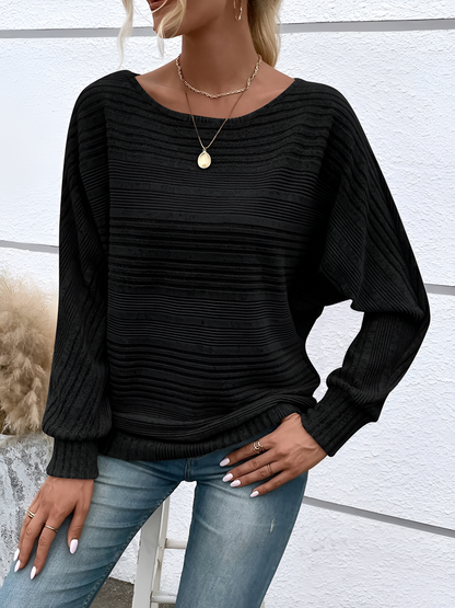 Round Neck Batwing Sleeve Solid Color Blouse