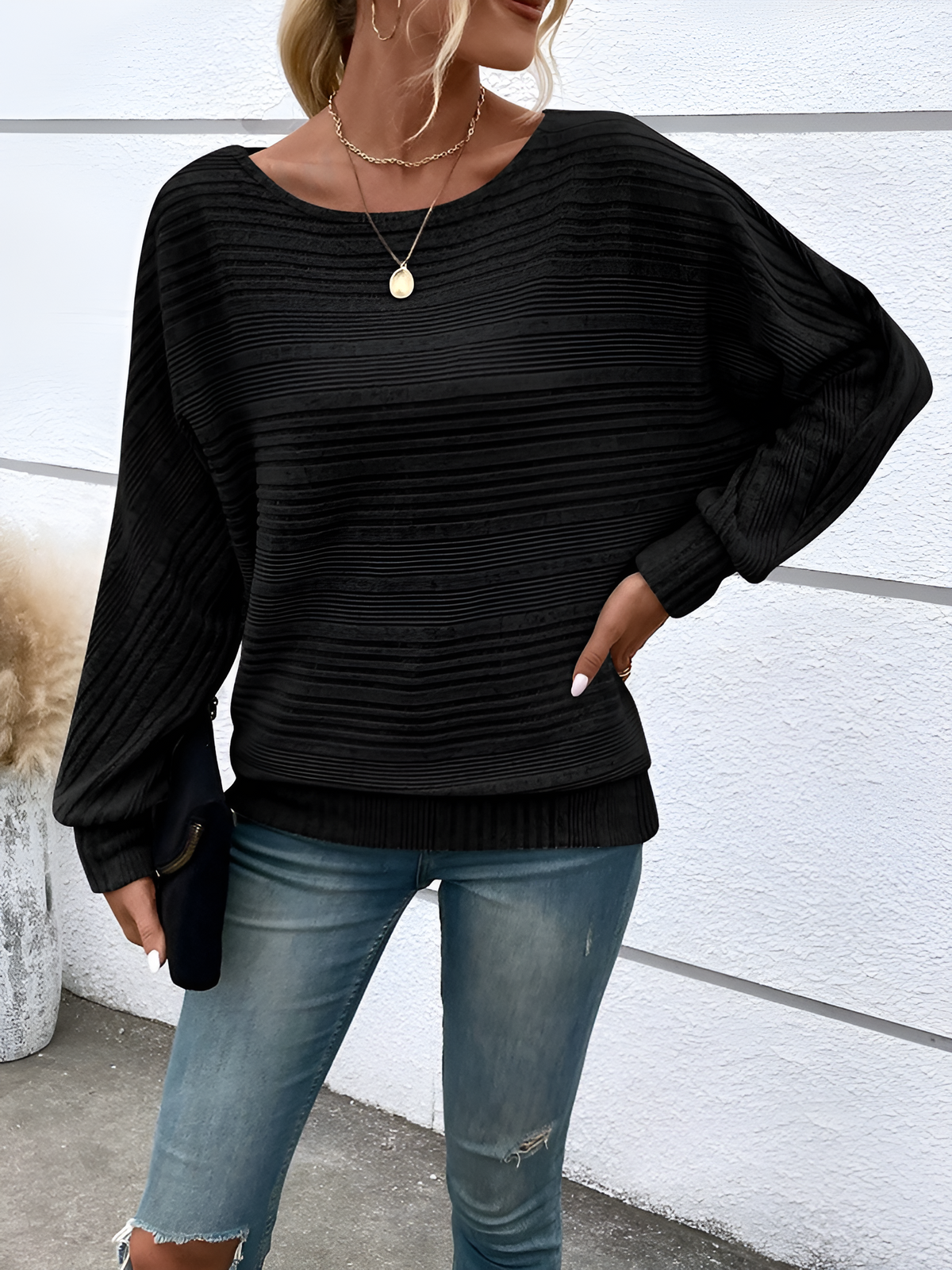 Round Neck Batwing Sleeve Solid Color Blouse