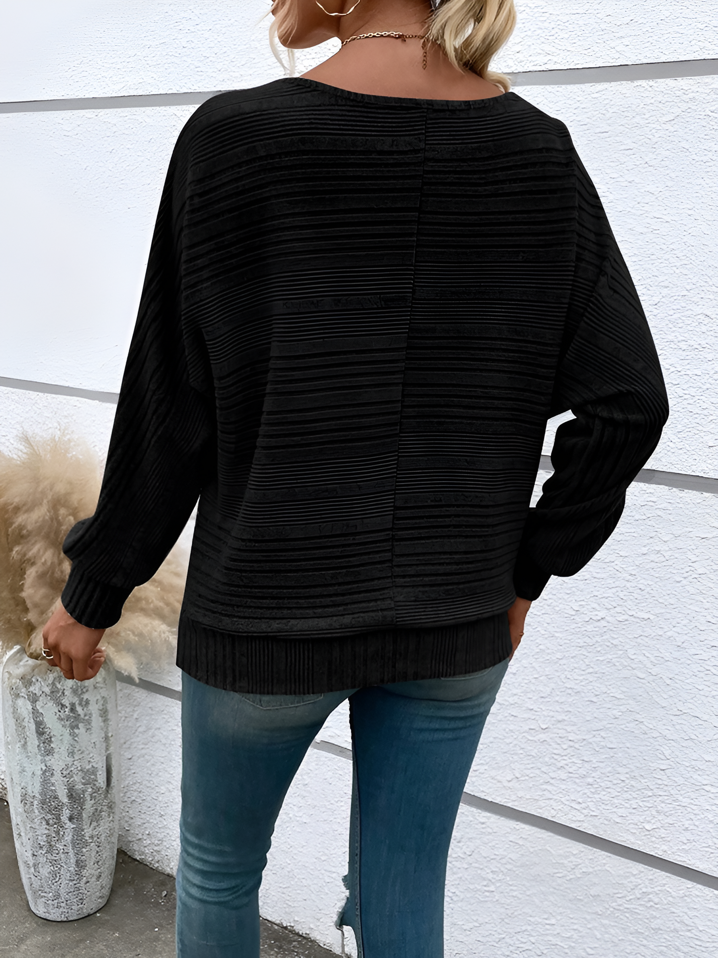 Round Neck Batwing Sleeve Solid Color Blouse
