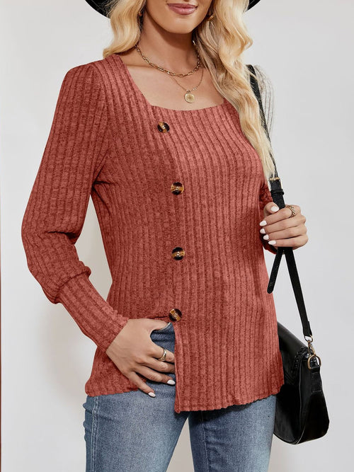 Square Neck Long Sleeve Button Decor Split Blouse