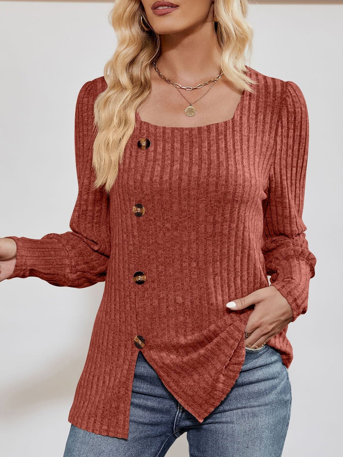 Square Neck Long Sleeve Button Decor Split Blouse