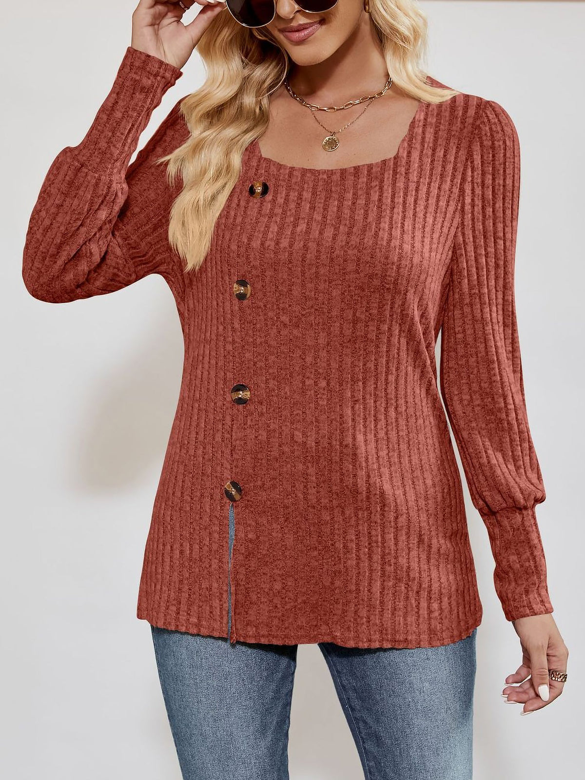 Square Neck Long Sleeve Button Decor Split Blouse