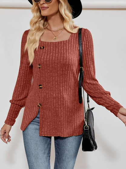 Square Neck Long Sleeve Button Decor Split Blouse