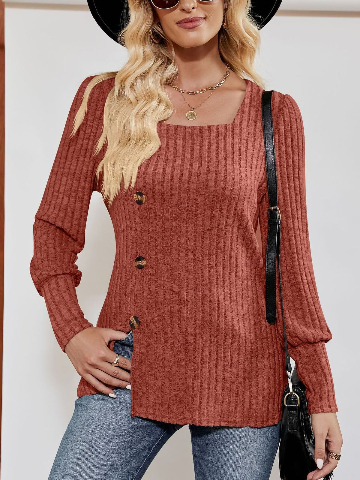 Square Neck Long Sleeve Button Decor Split Blouse