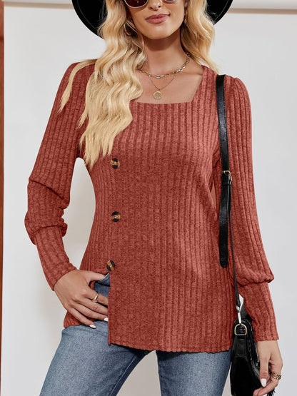 Square Neck Long Sleeve Button Decor Split Blouse