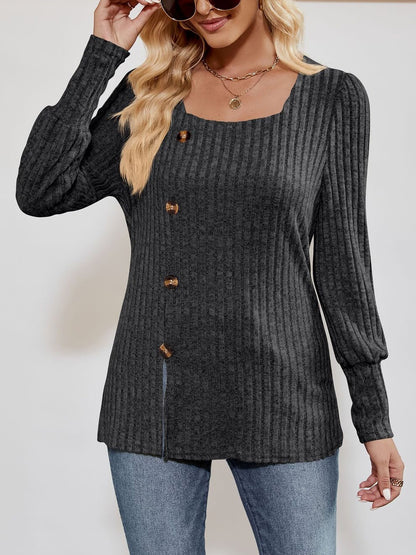 Square Neck Long Sleeve Button Decor Split Blouse