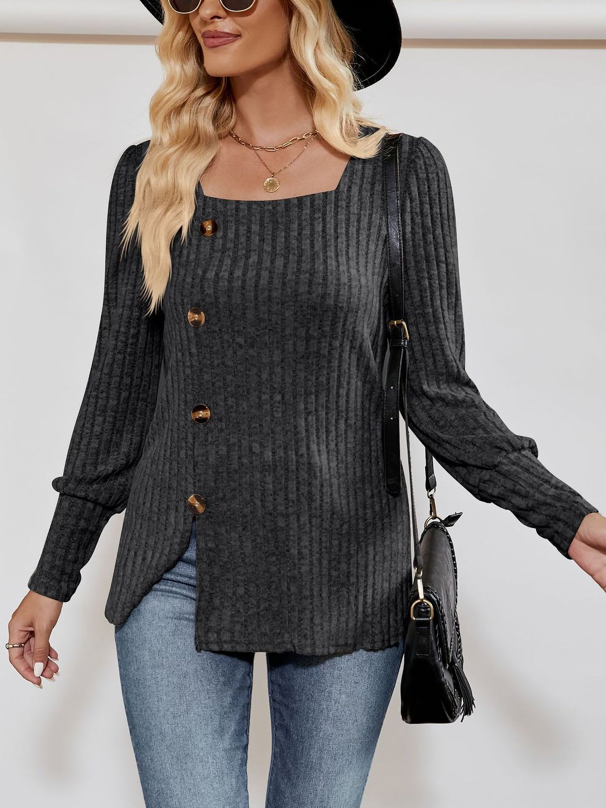 Square Neck Long Sleeve Button Decor Split Blouse