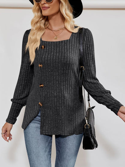 Square Neck Long Sleeve Button Decor Split Blouse