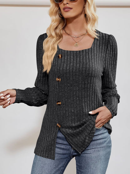 Square Neck Long Sleeve Button Decor Split Blouse