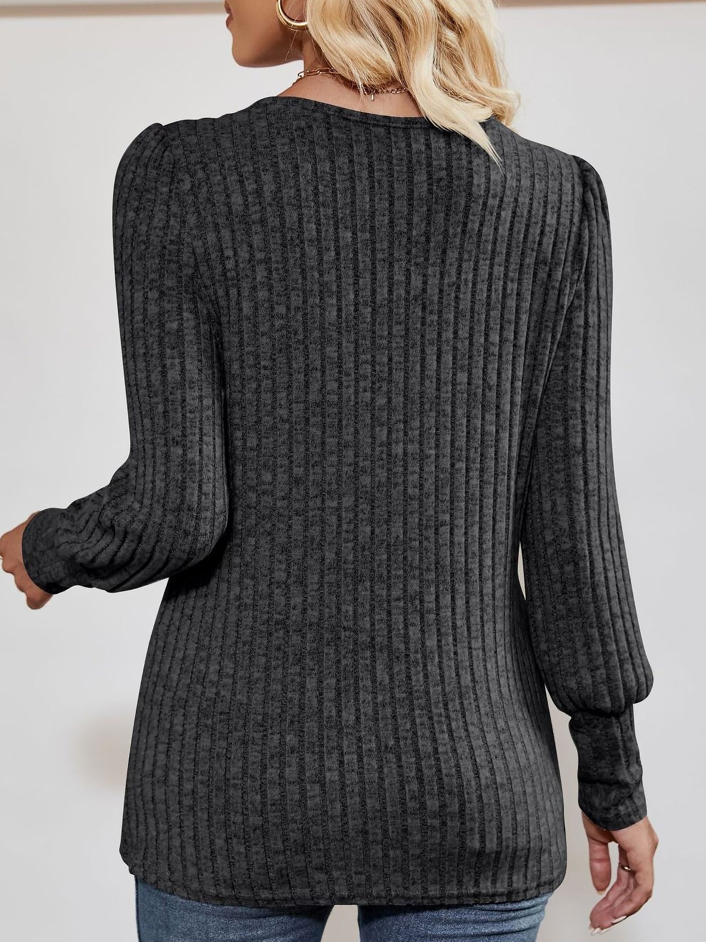 Square Neck Long Sleeve Button Decor Split Blouse
