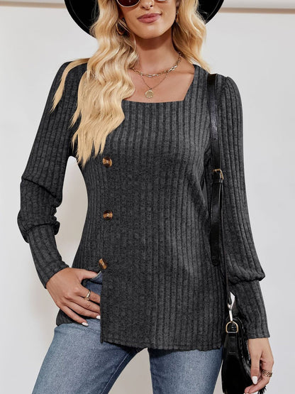 Square Neck Long Sleeve Button Decor Split Blouse