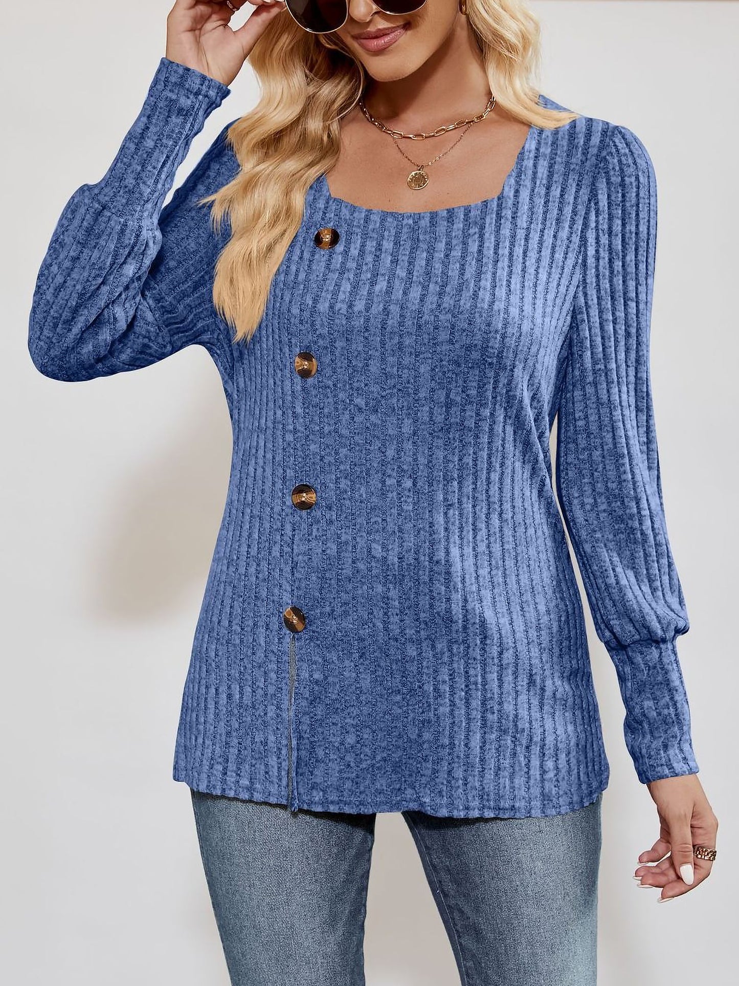 Square Neck Long Sleeve Button Decor Split Blouse