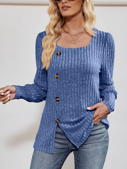 Square Neck Long Sleeve Button Decor Split Blouse