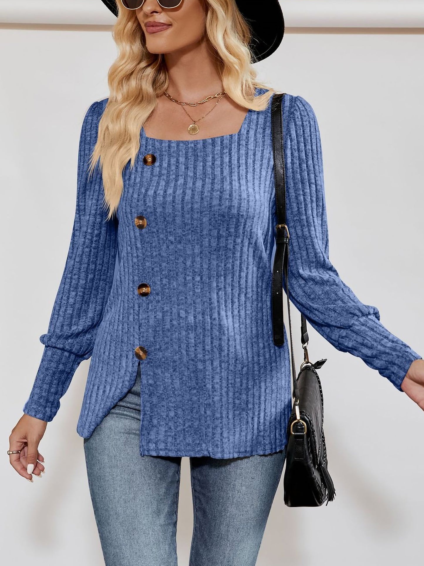Square Neck Long Sleeve Button Decor Split Blouse
