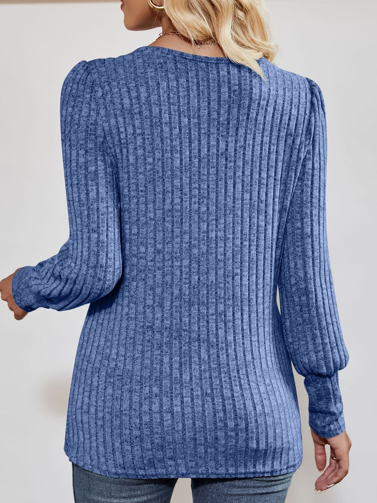Square Neck Long Sleeve Button Decor Split Blouse