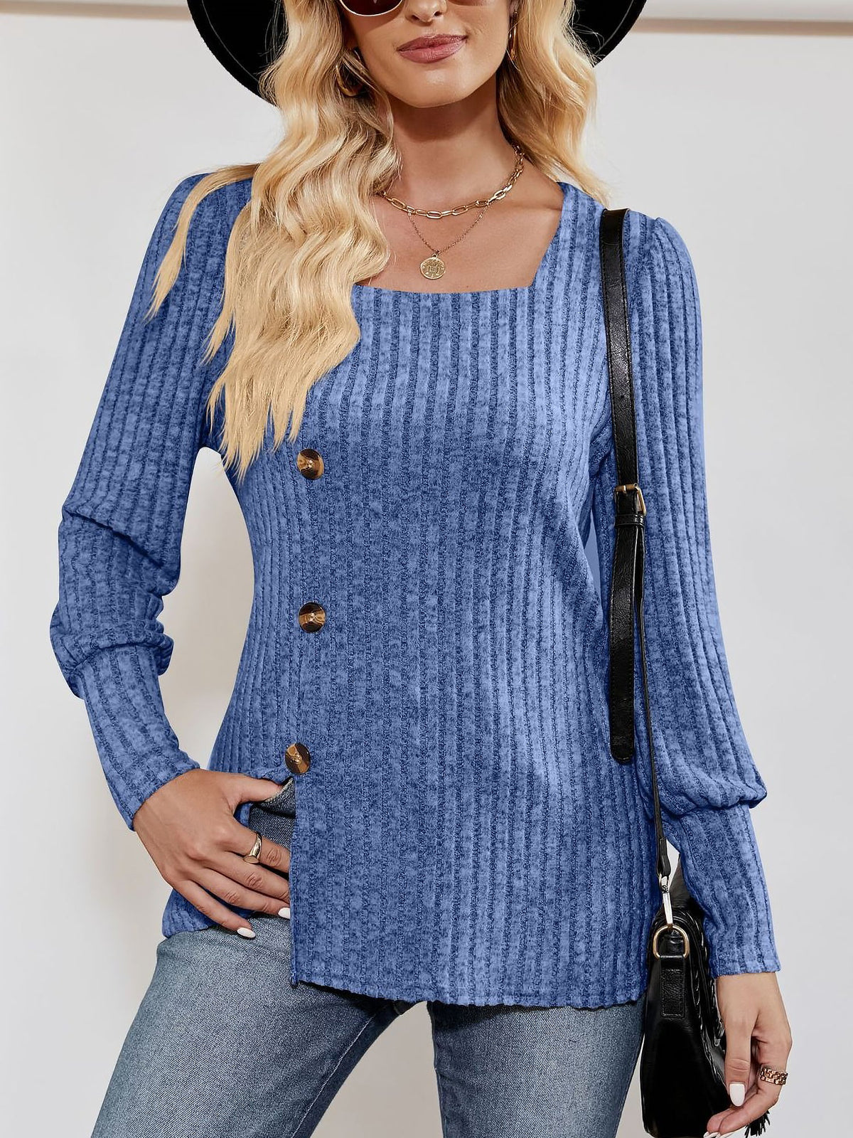 Square Neck Long Sleeve Button Decor Split Blouse
