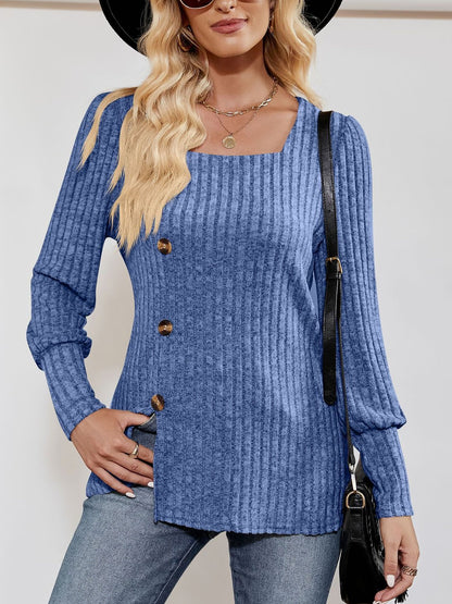 Square Neck Long Sleeve Button Decor Split Blouse