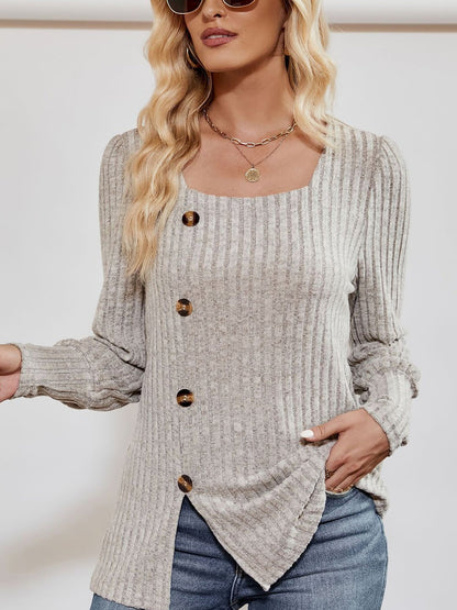 Square Neck Long Sleeve Button Decor Split Blouse
