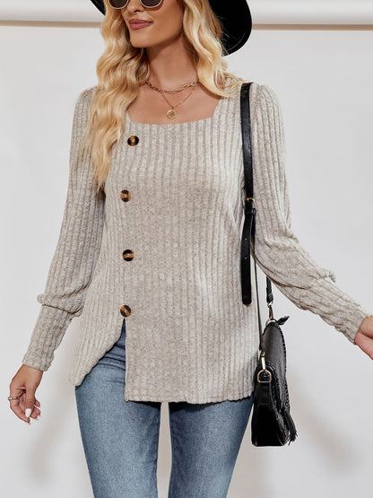 Square Neck Long Sleeve Button Decor Split Blouse
