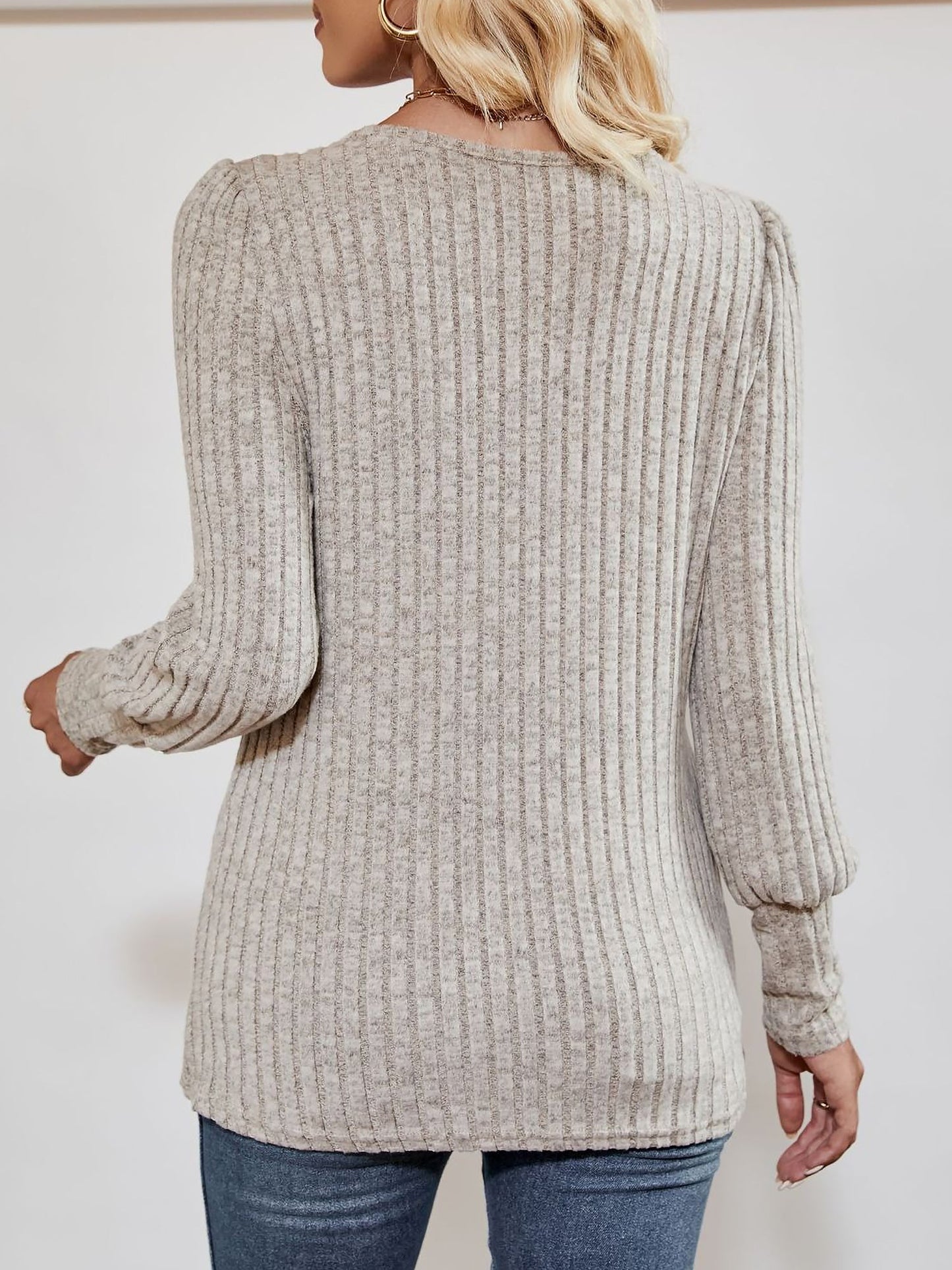 Square Neck Long Sleeve Button Decor Split Blouse