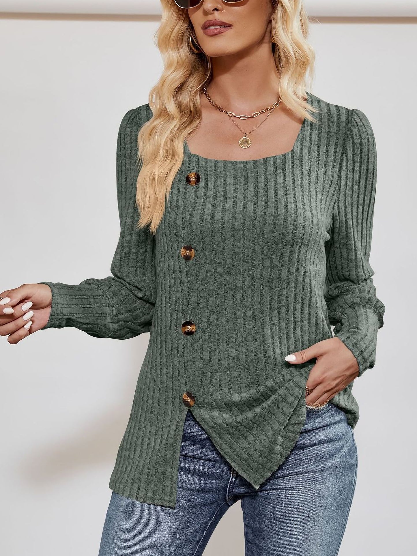 Square Neck Long Sleeve Button Decor Split Blouse