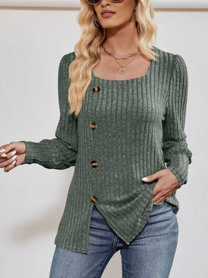 Square Neck Long Sleeve Button Decor Split Blouse