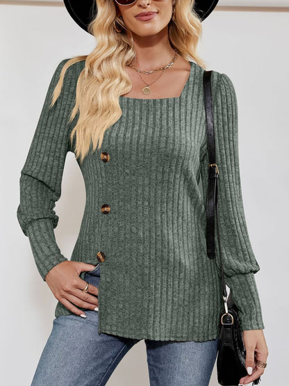 Square Neck Long Sleeve Button Decor Split Blouse