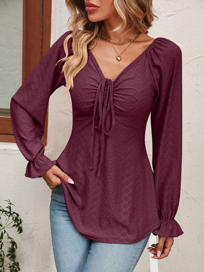V Neck Ruched Lace-Up Long Sleeves Solid Color Blouse