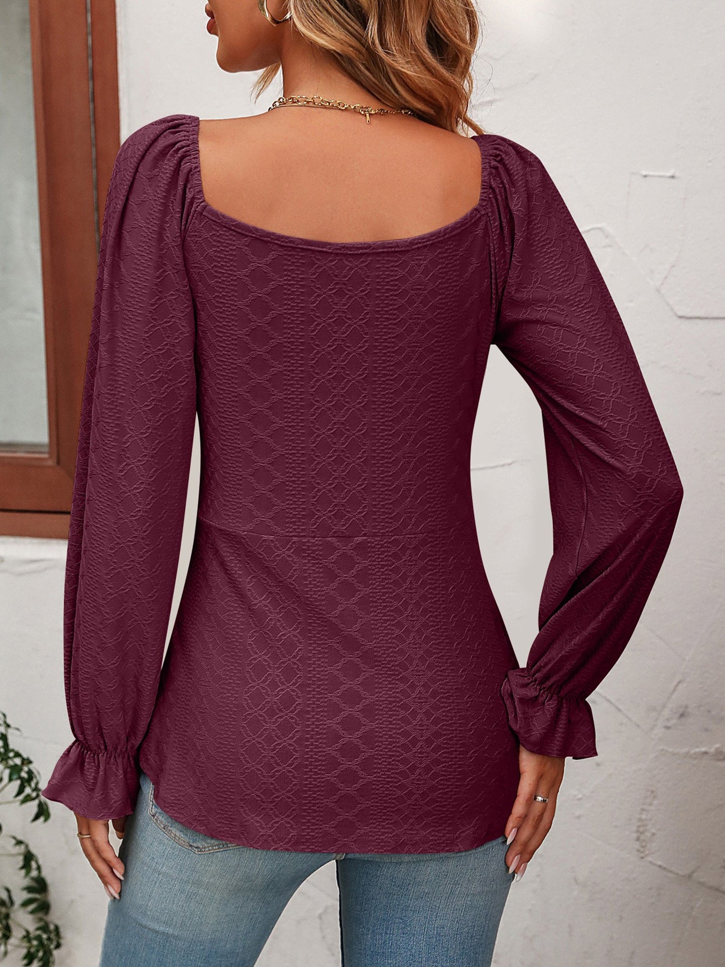 V Neck Ruched Lace-Up Long Sleeves Solid Color Blouse