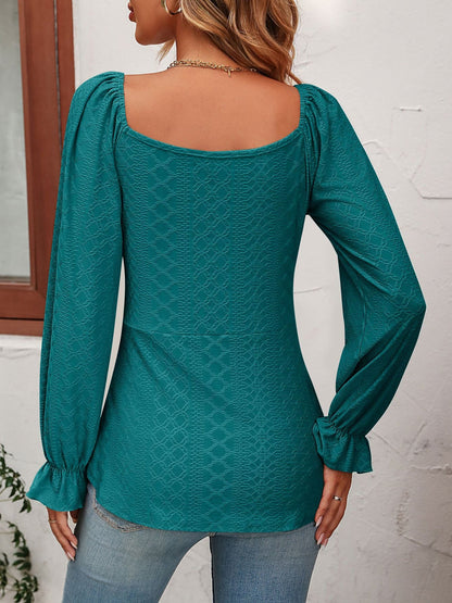 V Neck Ruched Lace-Up Long Sleeves Solid Color Blouse