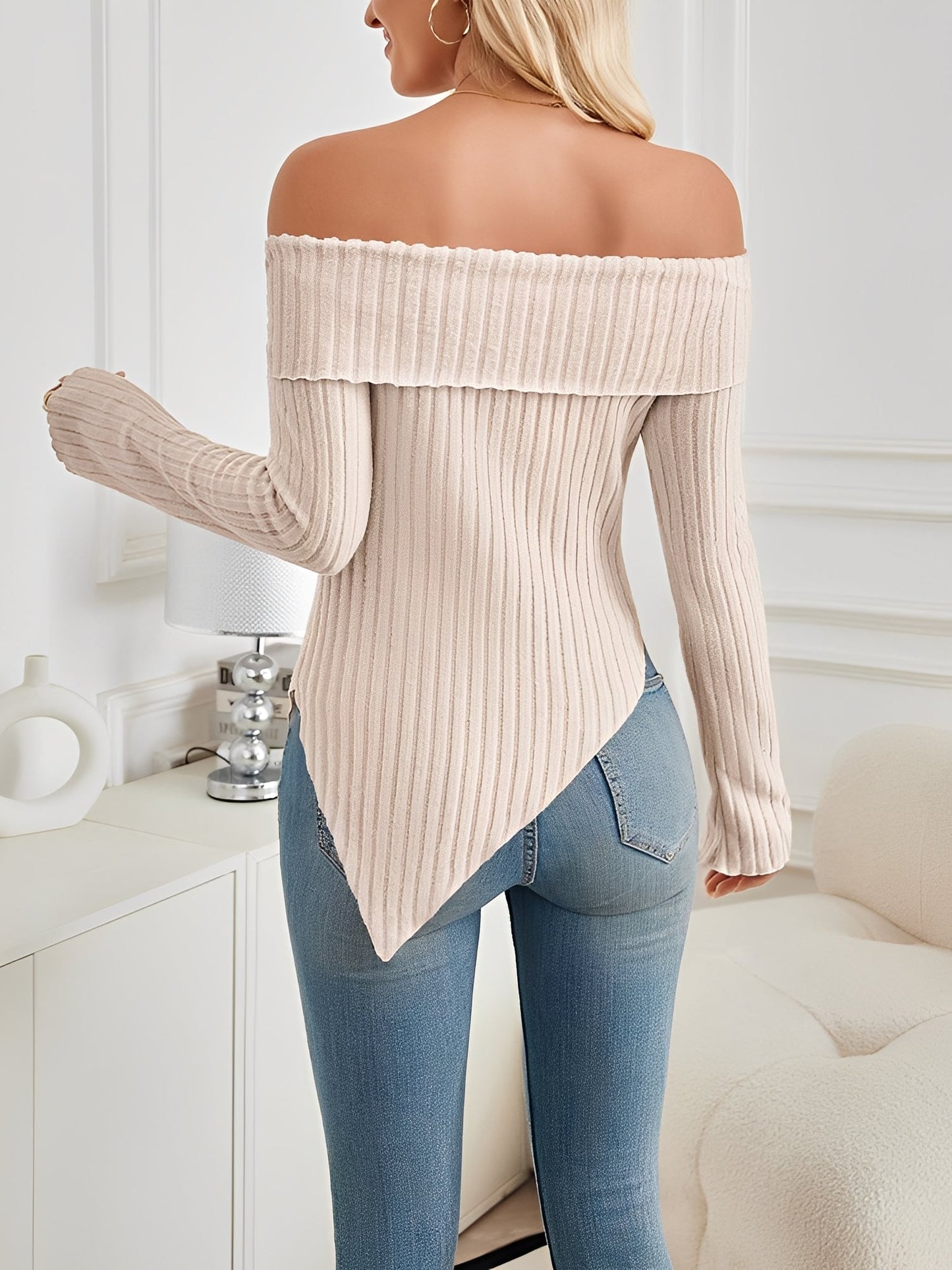 Bow Off Shoulder Long Sleeves Solid Color Blouse