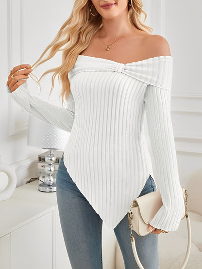 Bow Off Shoulder Long Sleeves Solid Color Blouse