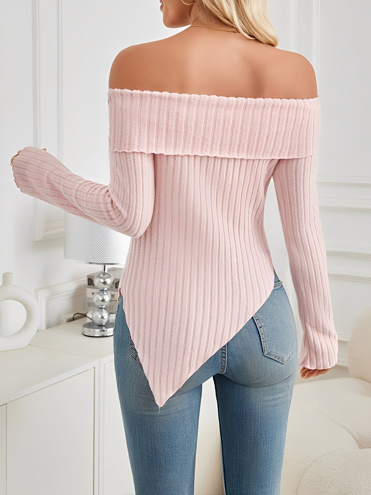 Bow Off Shoulder Long Sleeves Solid Color Blouse