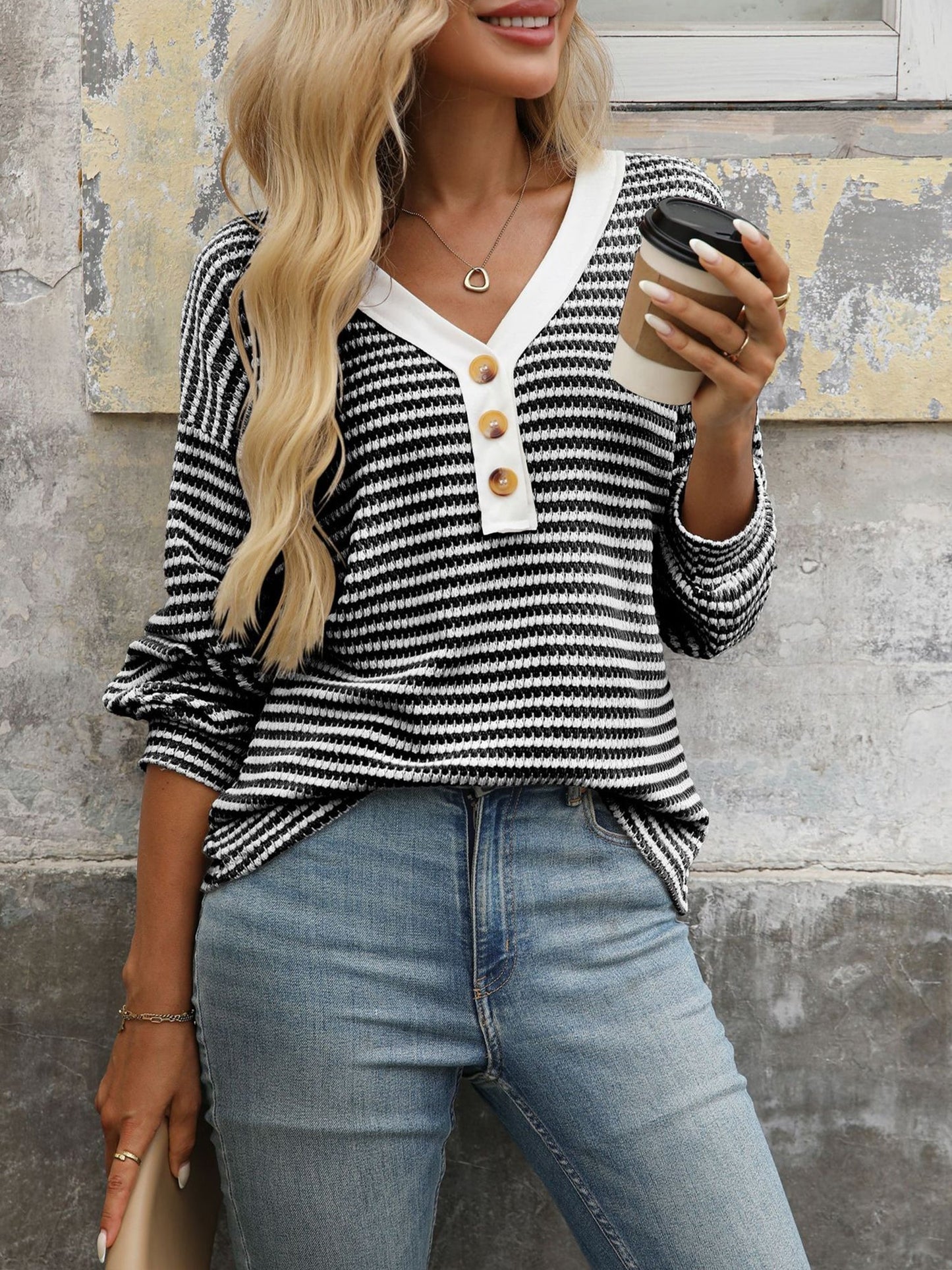 V Neck Button Down Pullover Casual Long Sleeved Blouse