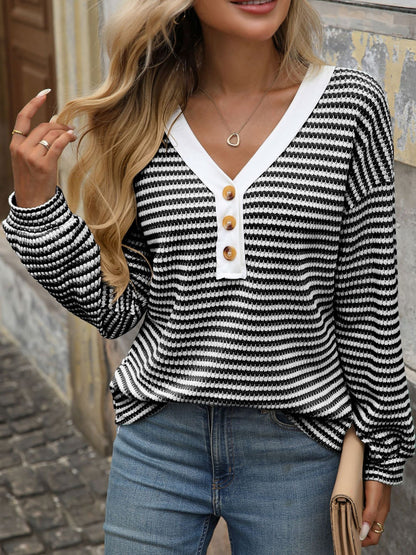 V Neck Button Down Pullover Casual Long Sleeved Blouse