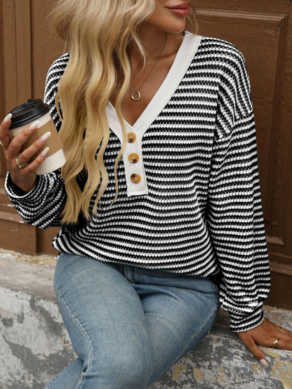 V Neck Button Down Pullover Casual Long Sleeved Blouse