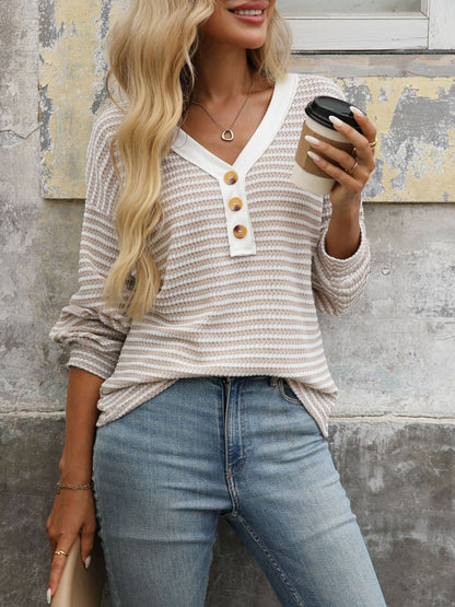 V Neck Button Down Pullover Casual Long Sleeved Blouse