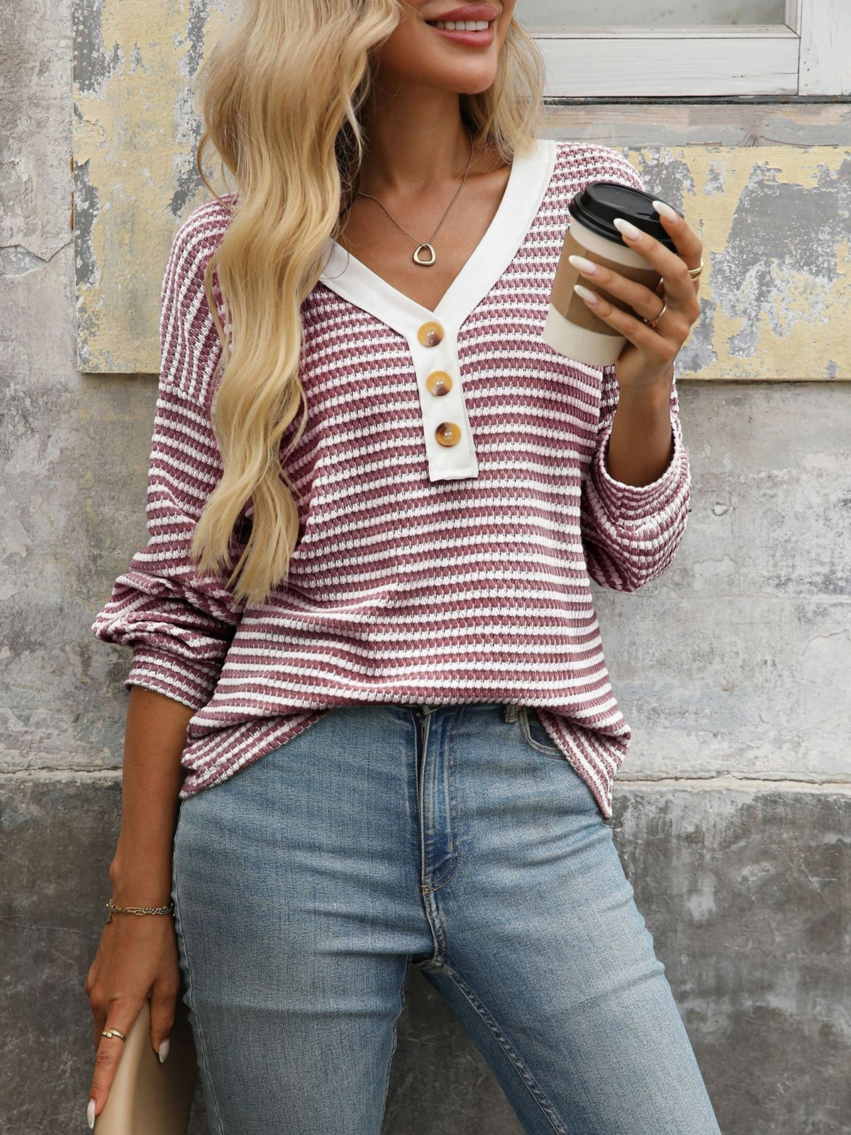 V Neck Button Down Pullover Casual Long Sleeved Blouse