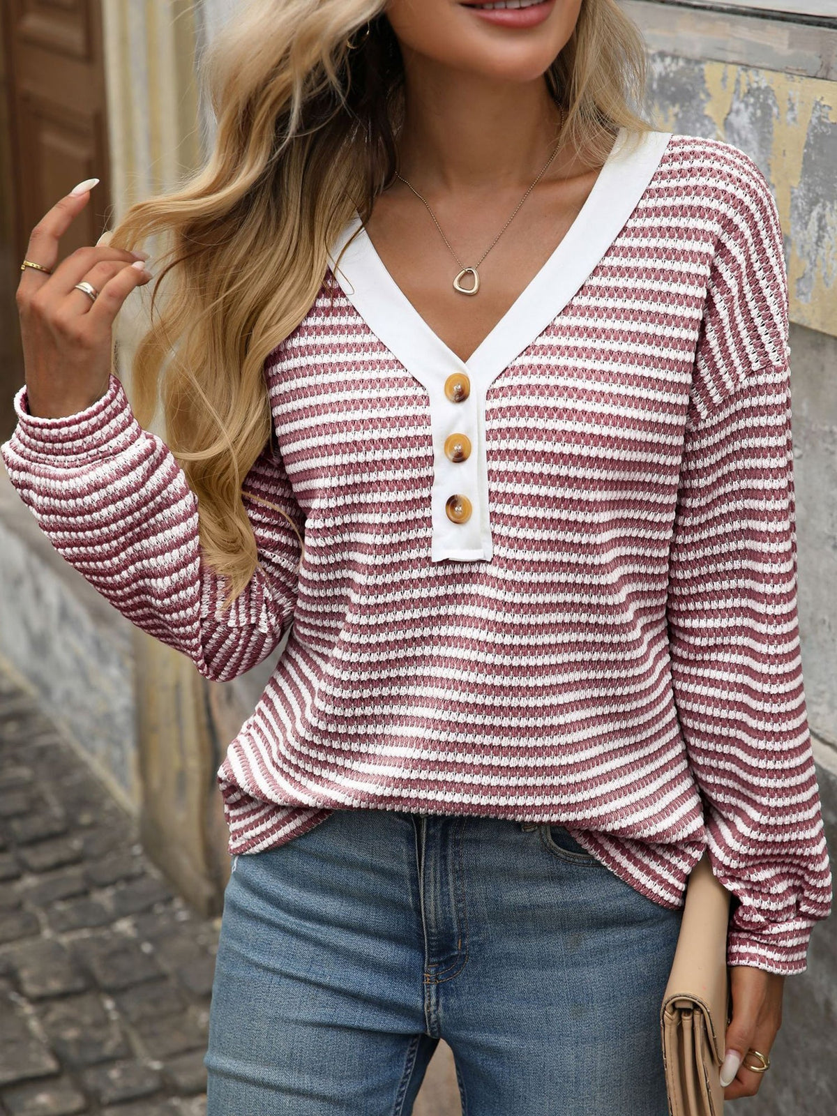 V Neck Button Down Pullover Casual Long Sleeved Blouse