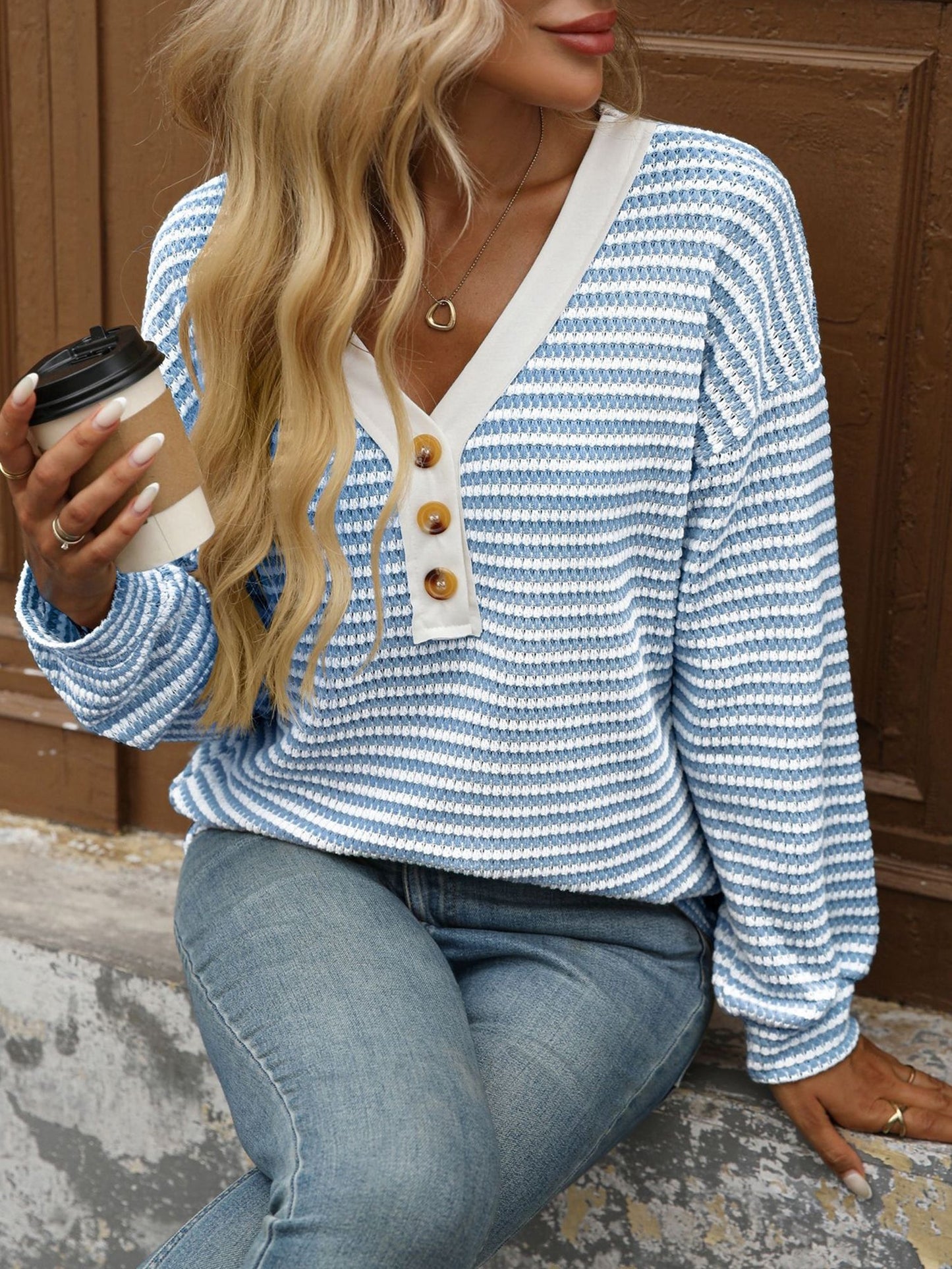 V Neck Button Down Pullover Casual Long Sleeved Blouse