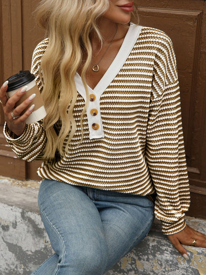 V Neck Button Down Pullover Casual Long Sleeved Blouse