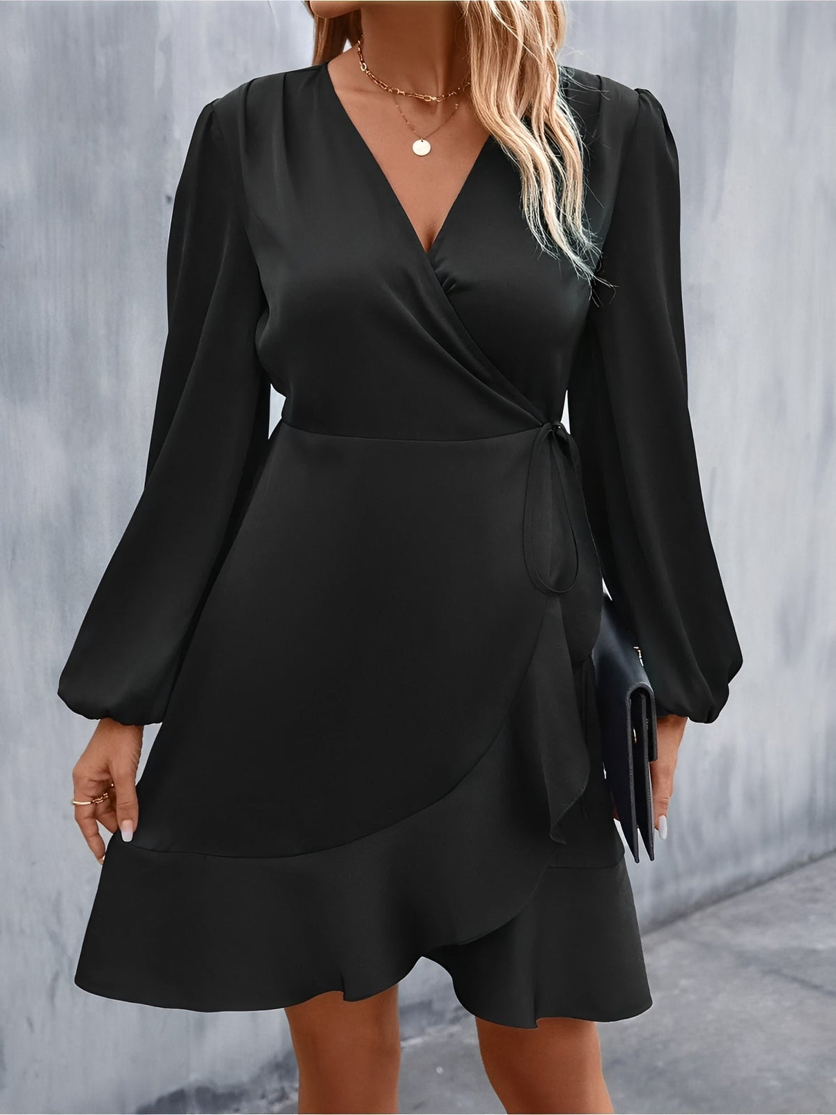 V Neck Satin Puff Long Sleeves Wrap Dress
