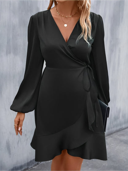 V Neck Satin Puff Long Sleeves Wrap Dress